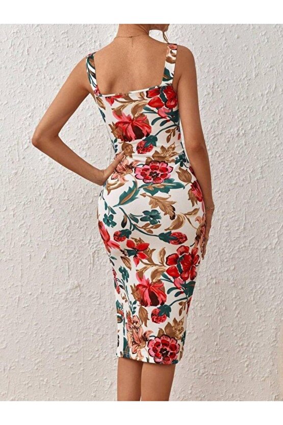 Kadın Askılı Kare Yakalı Yırtmaçlı çiçek Desenli Dalgıç Elbise