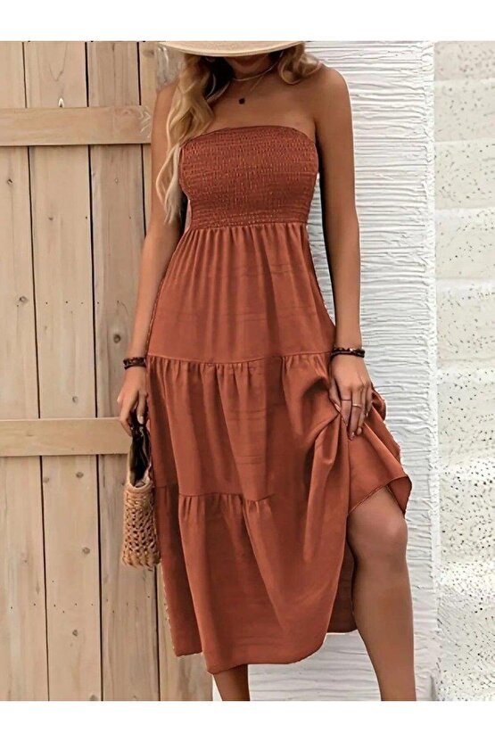 Kadın Straplez Göğüsten Lastikli Kloş Aerobin Uzun Elbise