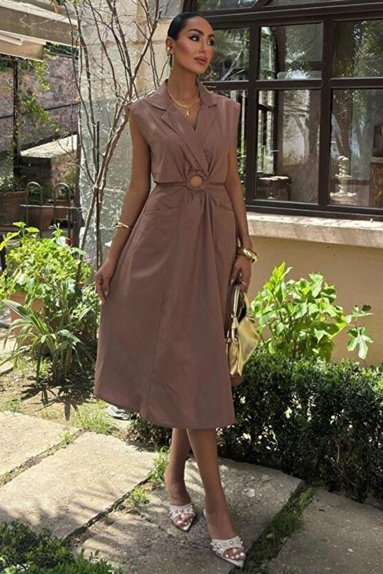 Göbeği Halka Detaylı Midi Boy Elbise 2896