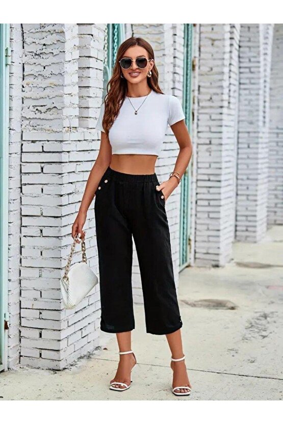 Kadın Beli Lastikli Düğme Ve Cep Detaylı Kapri Ithal Keten Pantolon