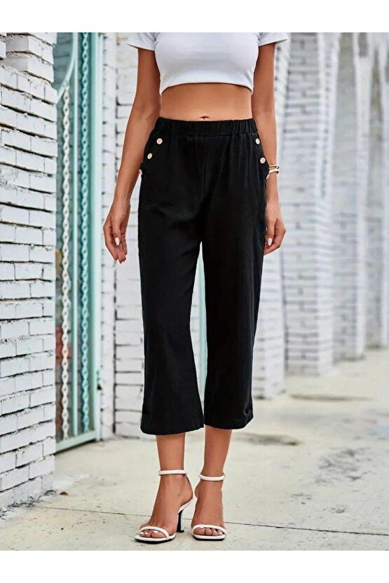 Kadın Beli Lastikli Düğme Ve Cep Detaylı Kapri Ithal Keten Pantolon