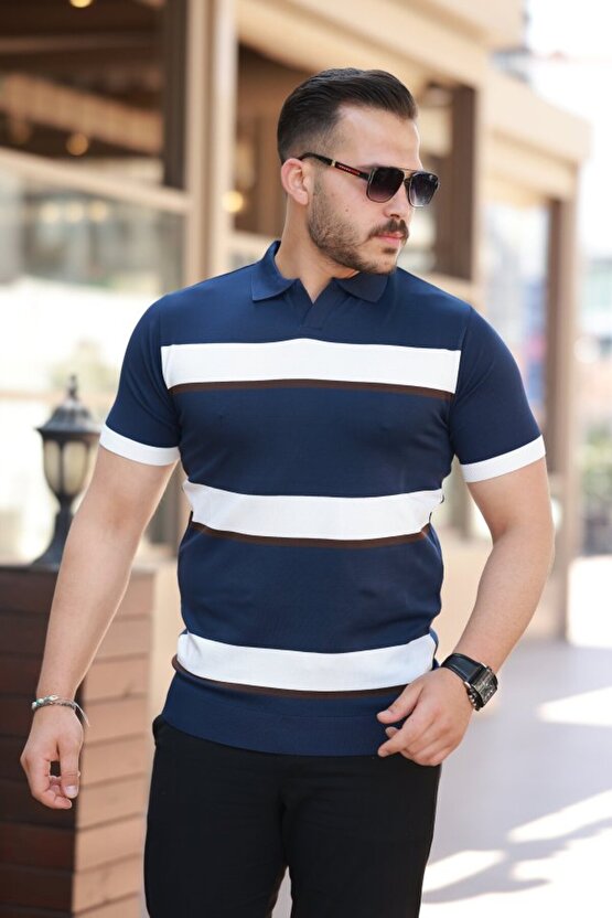 Erkek şerit Desenli Hemşire Yaka Kısa Kollu Tişört