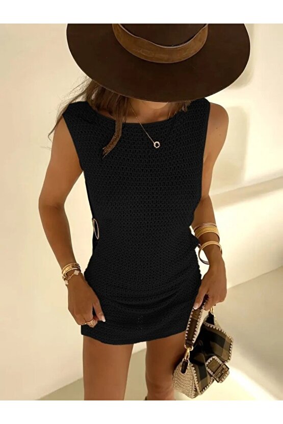 Kendim Fashion Kadın Sıfır Kol Yanlardan Halka Toka Detaylı Triko Plaj Elbisesi