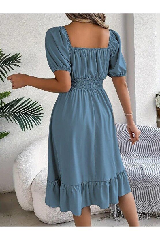 Kadın Kısa Kollu Kare Yakalı Beli Lastikli Kısa Trikoton Elbise