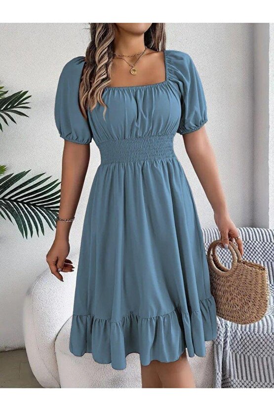 Kadın Kısa Kollu Kare Yakalı Beli Lastikli Kısa Trikoton Elbise