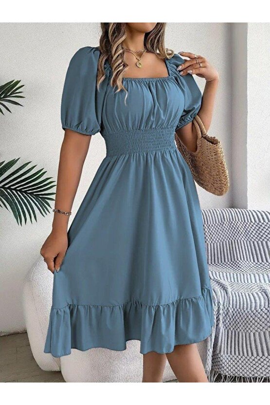 Kadın Kısa Kollu Kare Yakalı Beli Lastikli Kısa Trikoton Elbise