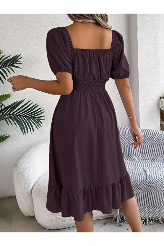 Kadın Kısa Kollu Kare Yakalı Beli Lastikli Kısa Trikoton Elbise