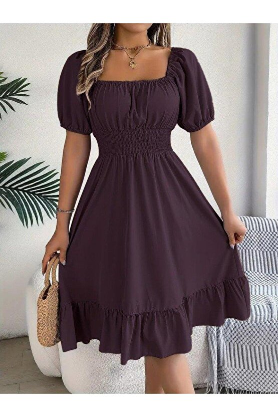 Kadın Kısa Kollu Kare Yakalı Beli Lastikli Kısa Trikoton Elbise