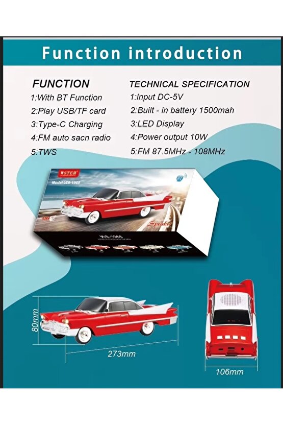 NOSTALJİK ARABA ŞEKLİNDE BLUETOOTH SPEAKER ŞARJLI LED IŞIKLI KABLOSUZ HOPARLÖR FM RADYO SD KART USB