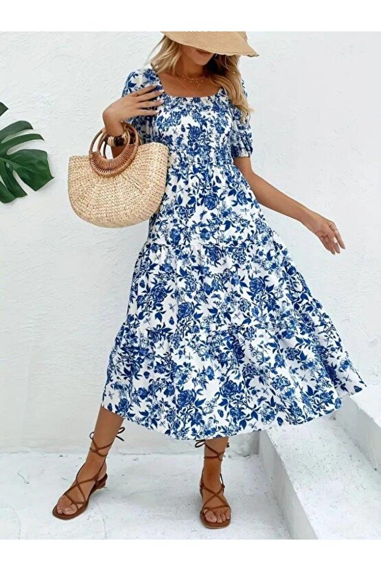 Kadın Kısa Kollu Kare Yakalı Lastikli Desenli Süprem Elbise