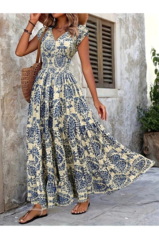 Kadın Kısa Kollu Kruvaze Yaka Beli Lastikli Süprem Maksi Boy Elbise