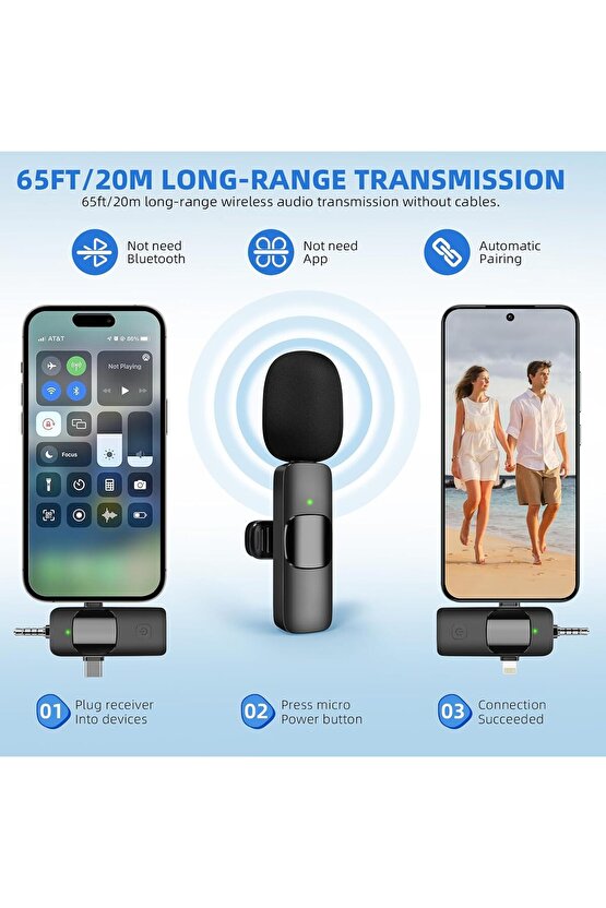 2 Lİ KABLOSUZ YAKA MİKROFONU iOS, Android, Kamera, USB-C  , Video Kaydı, Vloglama, YouTube uyumlu