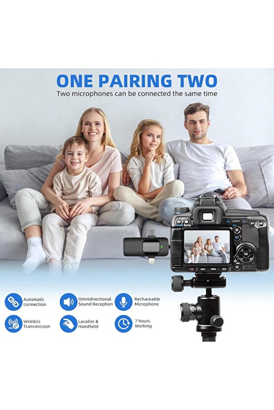 2 Lİ KABLOSUZ YAKA MİKROFONU iOS, Android, Kamera, USB-C  , Video Kaydı, Vloglama, YouTube uyumlu