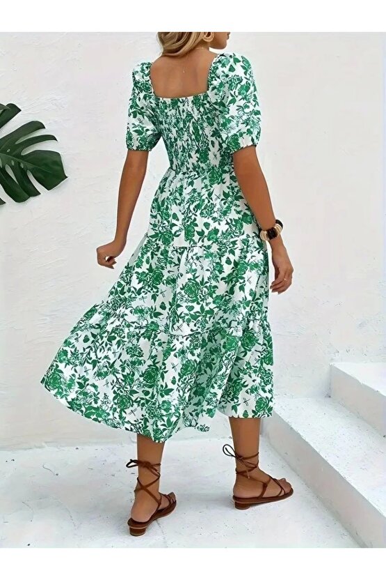 Kadın Kısa Kollu Kare Yakalı Lastikli Desenli Süprem Elbise