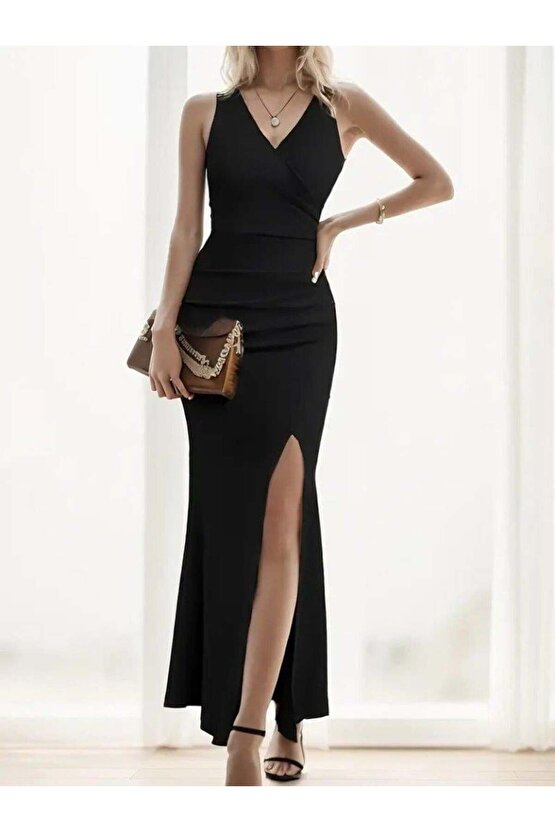 Kadın Askılı Kruvaze Yaka Yırtmaç Detaylı Janjan Krep Elbise