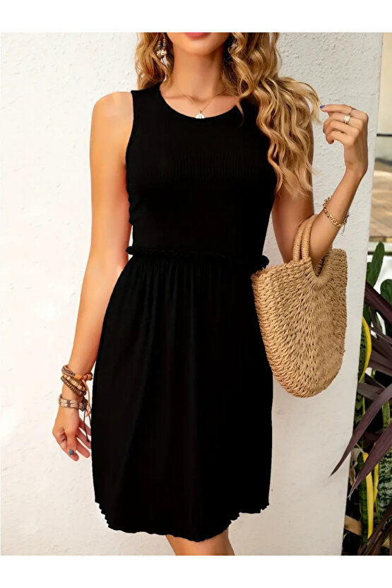 EQURİ Kadın Kolsuz Bel Lastik Ve Büzgü Detay Viskon Mini Elbise