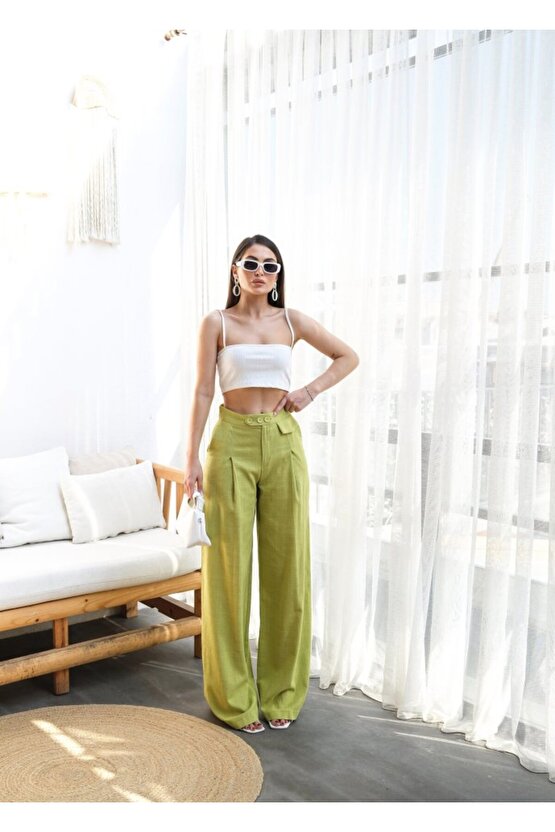 Keten Düğme Detayli Dökümlü Palazzo Pantolon