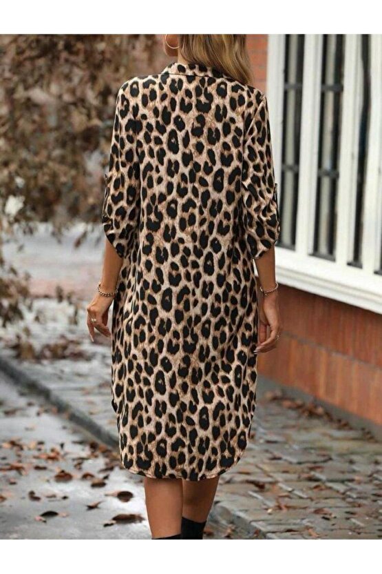 Kadın Cep Detay, Kolu Manşetli Moskrep Gömlek Elbise