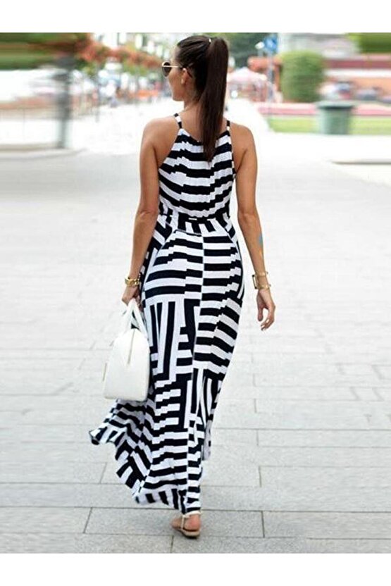 Kadın Askılı Belden Bağlamalı Geometrik Desen Krep Elbise