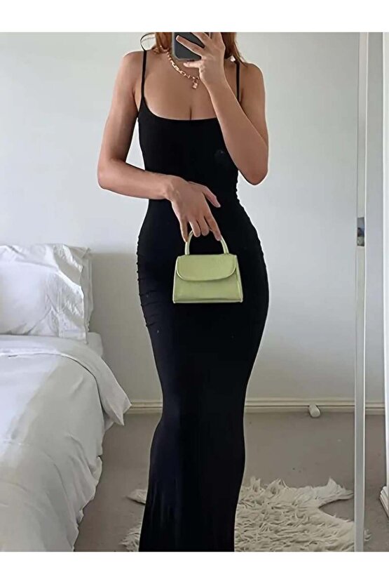 Kadın Kolsuz Askılı Bodycon Uzun Viskon Elbise