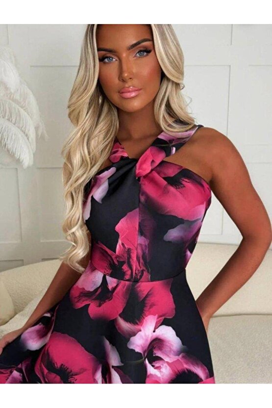 Kadın Halter Yaka Detay Ciçek Baskılı Midi Boy Elbise