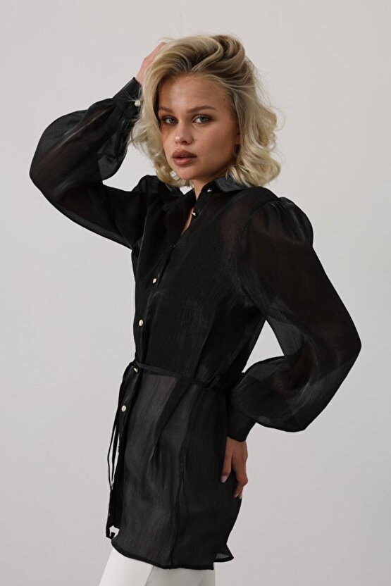 Gökyüzü Moda Belden Bağlamalı Uzun Kol Gömlek - Siyah