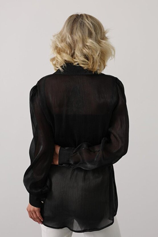 Gökyüzü Moda Belden Bağlamalı Uzun Kol Gömlek - Siyah