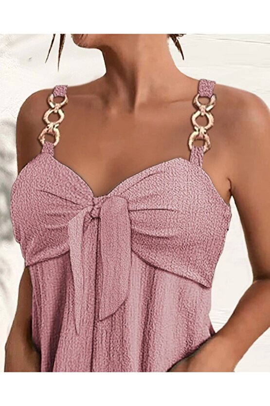 Kadın Kolsuz Askı Aksesuarlı önü Bağlama Detay Salopet şort Tulum