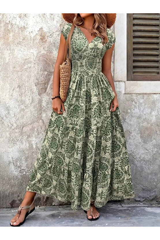 Kadın Kısa Kollu Kruvaze Yaka Beli Lastikli Süprem