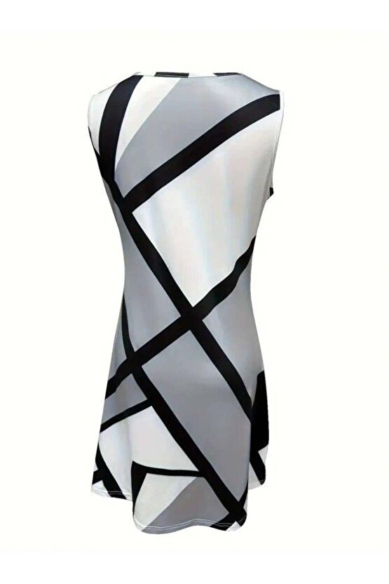 Kadın Askılı Yuvarlak Yaka Geometrik Desenli Kısa Süprem Elbise