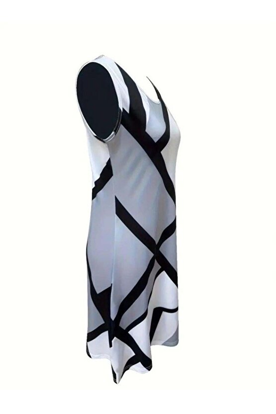 Kadın Askılı Yuvarlak Yaka Geometrik Desenli Kısa Süprem Elbise