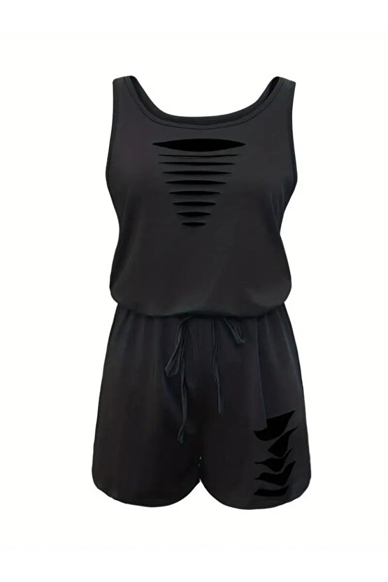 EQURİ Kadın Askılı Yuvarlak Yaka Lazer Kesim Detaylı Bağcıklı Kısa Viskon Tulum