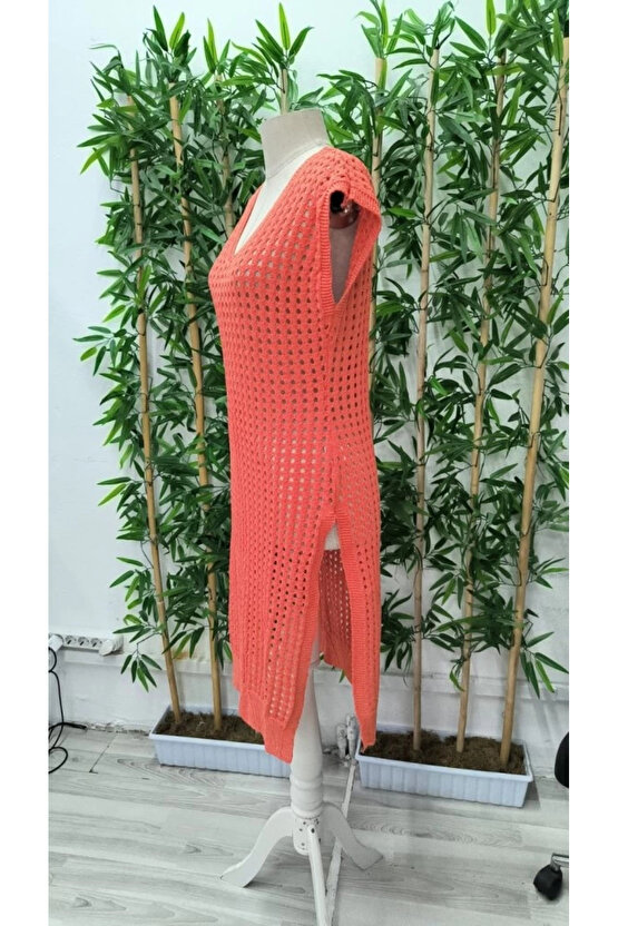 Kadın Sıfır Kol V Yaka Yanı Derin Yırtmaçlı Midi Boy Triko Elbise