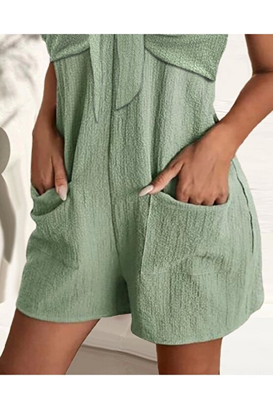 Kadın Askı Aksesuarlı önü Bağlama Detay Salopet şort Tulum