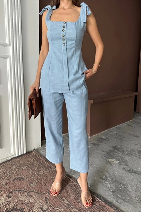 ŞANTUK KETEN YELEK GÖRÜNÜMLÜASKILI BLUZ - PANTOLON TK - Mavi