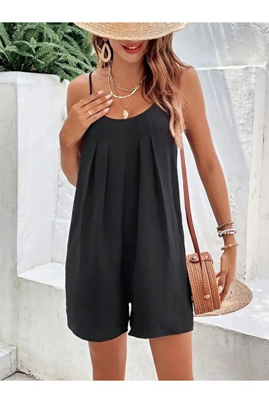 Kadın Ip Askılı Yuvarlak Yakalı Pileli Viskon Tulum