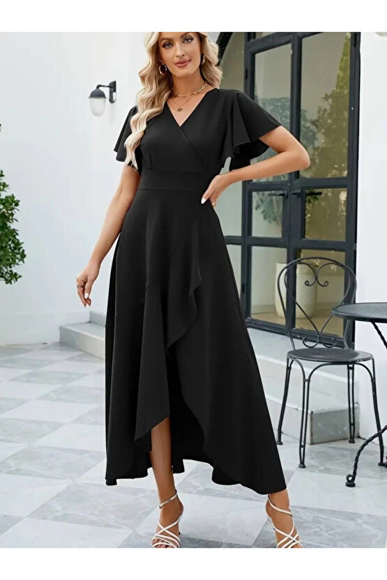 Kadın Kısa Kollu Kruvaze Yakalı önden Volanlı çapraz Kesim Detaylı Maksi Boy Ithal Krep Elbise