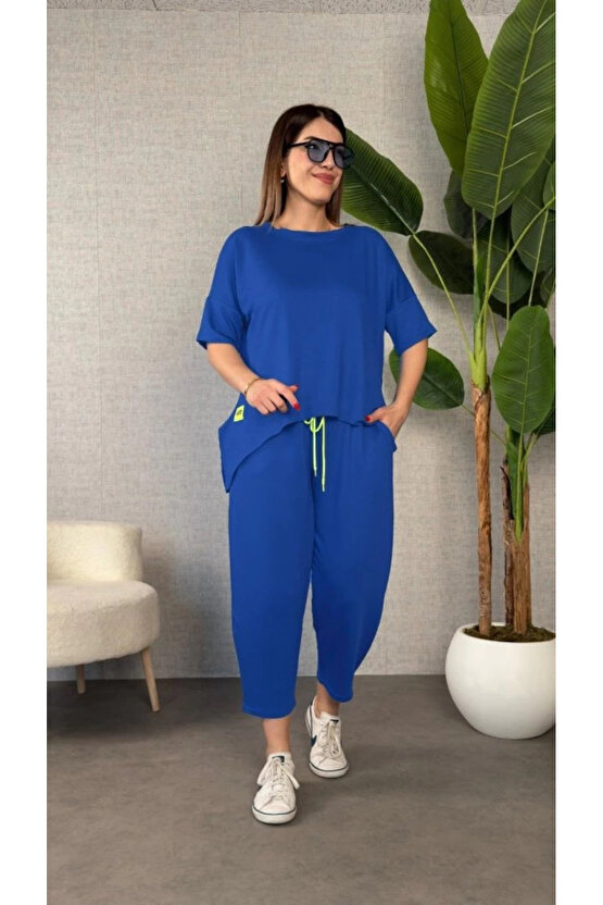 Kadın Kısa Kollu Bisiklet Yaka Viskon Iki Iplik Bluz Ve Pantolon Ikili Takım
