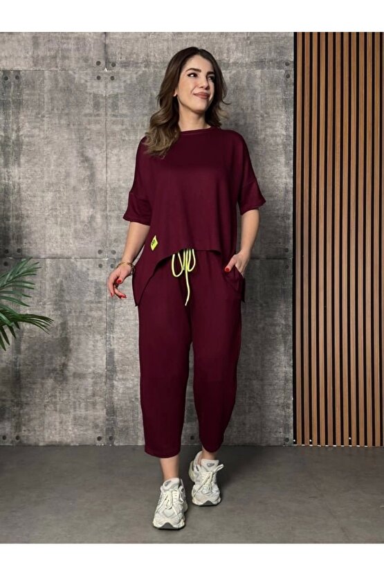 Kadın Kısa Kollu Bisiklet Yaka Viskon Iki Iplik Bluz Ve Pantolon Ikili Takım