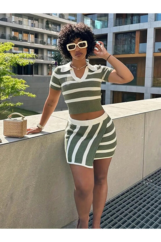 Kadın Kısa Kollu Polo Yaka Crop Asimetrik Mini Triko Etek Ikili Takım