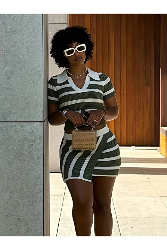 Kadın Kısa Kollu Polo Yaka Crop Asimetrik Mini Triko Etek Ikili Takım