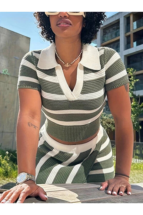 Kadın Kısa Kollu Polo Yaka Crop Asimetrik Mini Triko Etek Ikili Takım