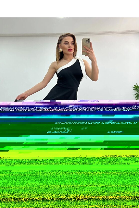 Kadın Tek Omuzu Açık Omuzlardan Kurdela Detaylı çift Renkli Ithal Krep Elbise