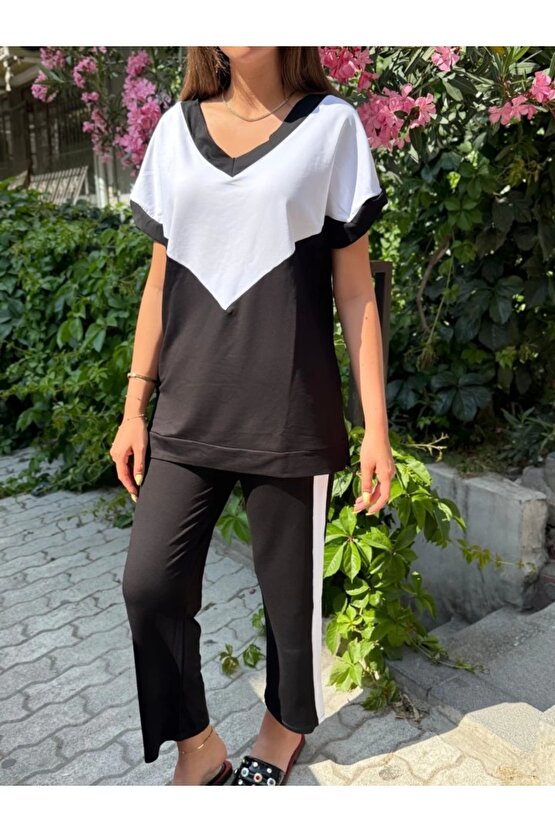 Kadın Kısa Kollu V Yaka Siyah Beyaz Renkli Viskon Iki Iplik Kumaş Eşofman Takımı