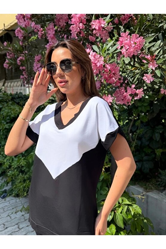Kadın Kısa Kollu V Yaka Siyah Beyaz Renkli Viskon Iki Iplik Kumaş Eşofman Takımı