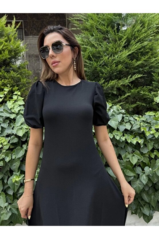 Kadın Kısa Balon Kollu Bisiklet Yaka Geniş Kesim Janjan Krep Elbise