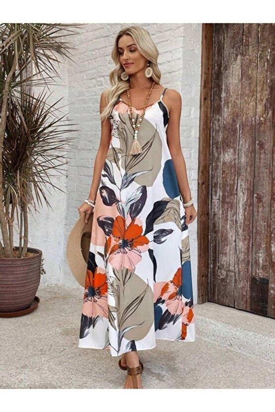 Kadın Ip Askılı Geniş V Yakalı Desenli Süprem Elbise
