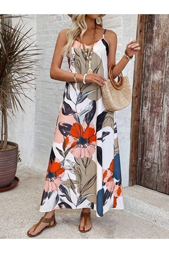 Kadın Ip Askılı Geniş V Yakalı Desenli Süprem Elbise