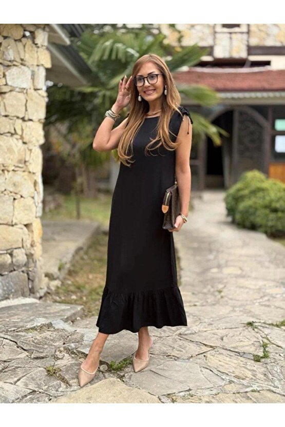 Kadın Omuzlardan Büzgülü Kayık Yaka Fırfırlı Janjan Krep Elbise