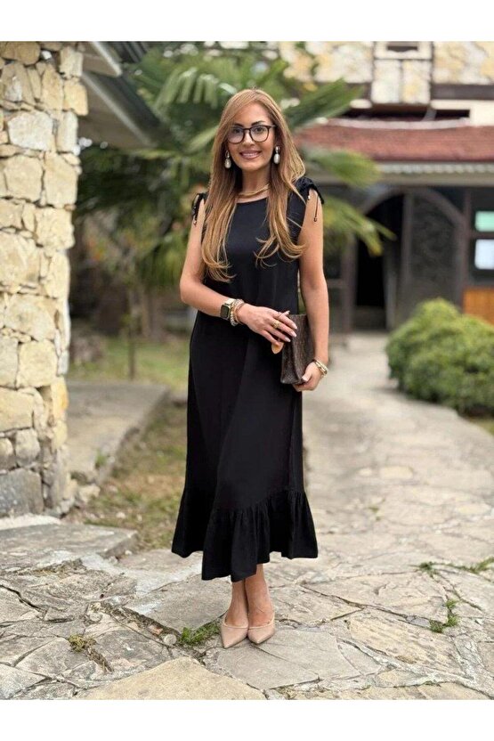 Kadın Omuzlardan Büzgülü Kayık Yaka Fırfırlı Janjan Krep Elbise